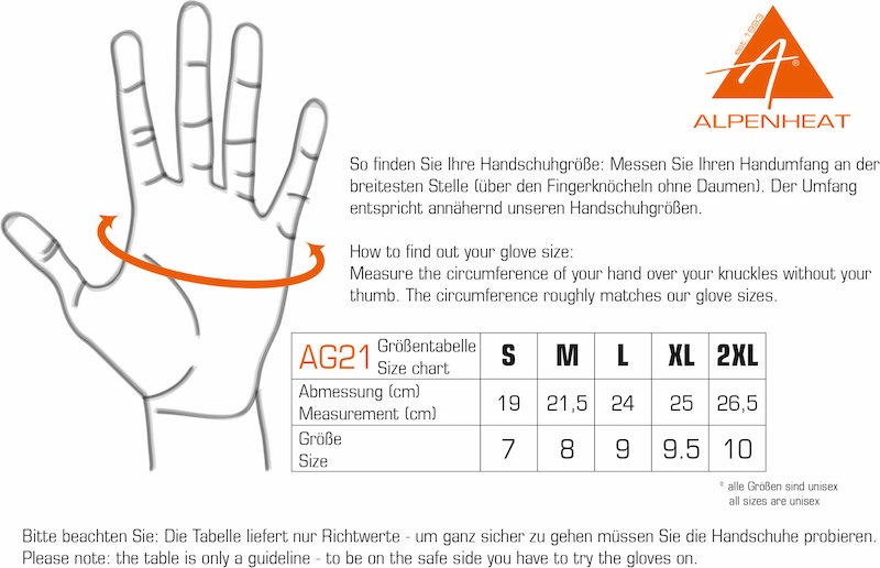 Alpenheat Fire Hunting AG21 beheizte Handschuhe Größentabelle